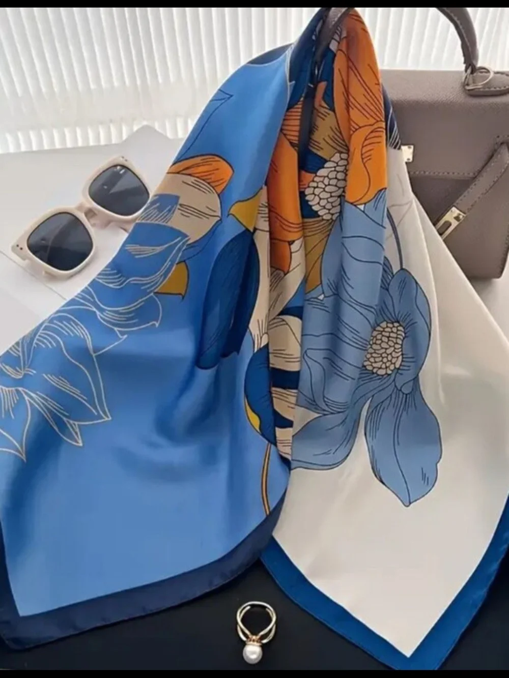 Silk-feel Blue Floral Silk-Feel Scarf  Heaf Scarf, Neck Scarf